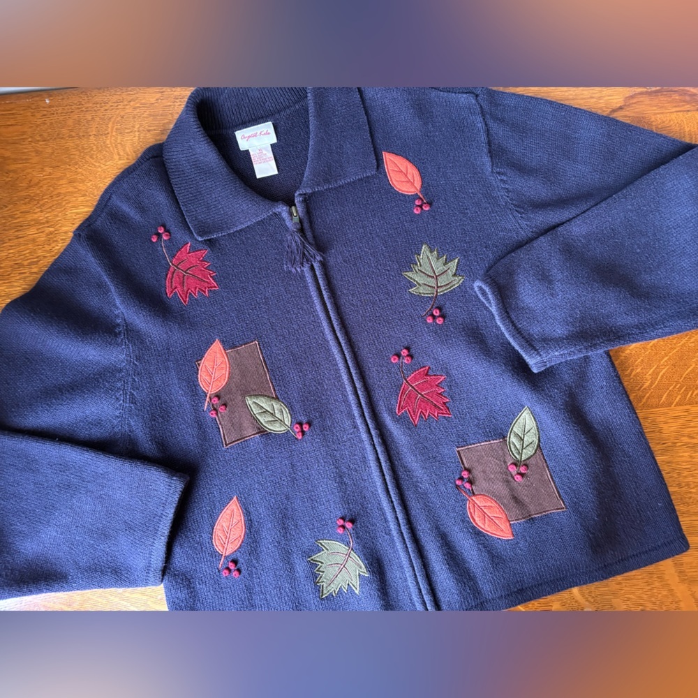 Vintage Crystal-Kobe Navy Full Zip Cardigan Leaf Fall Embroidery Collared Comfy